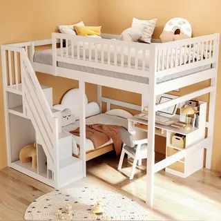 Merax Etagenbett 140x200cm mit Treppe und Stauraum, Hochbett mit Rausfallschutz, Kinderbett mit Lattenrost, Doppelbett Stockbett Holzbett, Weiß - Weiß