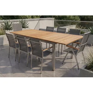STERN Cardiff Garten-Essgruppe, silber/silbergrau, Edelstahl/Teak, Tisch 180/240 x 100 cm, 6 Stapel-, 2 Klappstühle, FSC®-zertifiziertes Produkt
