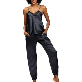 DKaren Satin Pyjama Damen Set Day M - Zweiteiler Nachtwäsche Damen - Damen Pyjama mit Trägerbluse und Langer Hose - Pjama Set mit Spitze am Ausschnitt - Satin Schlafanzug Schwarz - M