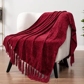 PAVILIA Burgunderrote Überwurfdecke für Couch, weiches Weinrot, Dunkelkastanienrot, Strickdecke mit Quasten-Fransen, gewebte Chenille-Strickdecke, dekorative Decke für Sofa, Bett, Wohnzimmer,