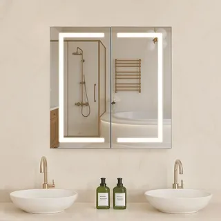 Vevor beleuchteter Medizinschrank mit Spiegel (65 x 65 cm), Einbau- oder Wandmontage, 3-farbig dimmbarer mit HD-Spiegel, verstellbarer Ablagefläche, Memory-Defog-Funktion