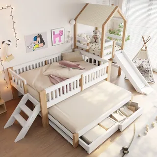 REDOM Kinderbett Holzbett mit Ausziehbett 90x190 cm – Hausbett mit Stauraumschubladen (Gästebett 90x200 cm, mit Rutsche, Seitentreppe, Schubladen und Stoffdach, Gästebett), Inklusive Matratze