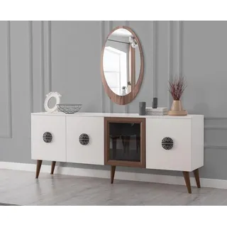 JVmoebel Sideboard Elegantes Designer Sideboard in Weiß mit Spiegel und Holzdetails (2 St., 1x Sideboard + 1x Spiegel), Made in Europa weiß
