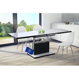 Aston Couchtisch ausziehbar höhenverstellbar 120/200cm in Weiß Hochglanz / Schwarz Hochglanz modern vielseitig Wohnzimmertisch Esstisch Beistelltisch Sofatisch platzsparend hochwertig Wohnzimmer