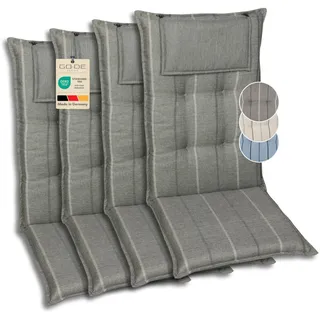 GO-DE Textil Bequeme und attraktive Polsterauflagen für Hochlehner-Gartenstühle (4er-Set, Stripes Exclusive grau, Hochlehner)