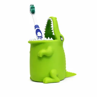 Winkee Kroko Zahnbürstenhalter mit Abflussloch für Kinder Jungen Mädchen | Für elektrische und normale Zahnbürsten, ohne Bohren, praktischer Badezimmer-Organizer für Kinder