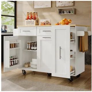 HAUSS SPOLE Kücheninsel Küchenschrank, Speisewagen mit Speicherraum, Snackregalen weiß, (Multifunktionale Kücheninsel mit klappbarer Tischplatte, Stauraum und Metallrahmen – eleganter Esswagen mit Holzmaserung, ideal für Küchen und Esszimmer, für moderne Haushalte und kleinere Räume) 134.5 cm x 90.8 cm x 74 cm