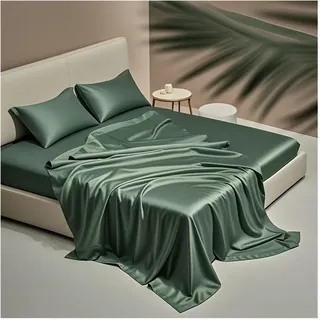 Satin Bettlaken ohne Gummizug Hotel Luxus Tencel Betttuch Haustuch Extra Weiche Kühlende Seiden Laken für Bett 90 bis 200 cm(Dark Green,250x270cm)