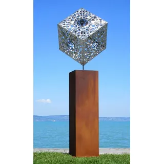 Casa Padrino XXL Garten Deko Metall Skulptur Würfel auf Säule Silber / Rost H. 216 cm