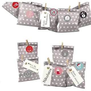 DIY Adventskalender zum Befüllen Bescherung, Papiertueten flach 13x16,5cm, taupe Stern, Ziffern bunt - Taupe/Bunt
