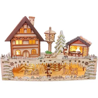 LED Holz Weihnachts Dorf Szene - 30 cm - Winter Stadt Deko 2 Etagen beleuchtet