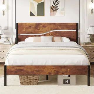 VECELO Bettgestell 140 x 200 cm, Metallbett mit Doppelschicht Holzkopfteil und Lattenrost, Modern Gästebett Jugendbett mit Stauraum Unter Dem Bett, Perfekt für Schlafzimmer, Braun