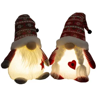 Christmas Paradise Weihnachtsfigur sitzender Wichtel 42cm (50cm) mit Beleuchtung (Dekofiguren, 2 St., im Set), LED Gnom Pärchen, 2 Designs Mann und Frau, Weihnachtsdeko Rot-Weiß