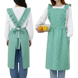 MiOYOOW Vintage Schürzen, Küchenschürze aus Baumwolle mit Karomuster, Rüschen und 2 Kleinen Taschen, Gartenschürze für Frauen zum Kochen, Backen, Grillen und für Cafés.