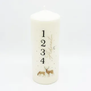 Adventskerze mit winterlichen Motiv Stumpenkerze Spruch Advent mit 1-4 Zahlenmotiv Weihnachtsdeko (Hirsche)