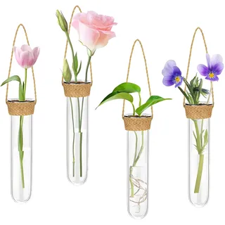 Oiieco Wandvasen Set: 4 Stück Blumenröhrchen aus Glas in Reagenzglas-Optik – Hängende Deko für Fenster & Wand, mit Natur-Maschenband, Ideal für Hyazinthenglas, Tulpenvase Glas & Trockenblumen
