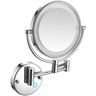KEYQEEN Touch-dimmbarer LED-Kosmetikspiegel mit Beleuchtung und Vergrößerung, doppelseitiger festverdrahteter, an der Wand montierter, ausziehbarer Kosmetikspiegel für das Badezimmer,Silber,10X