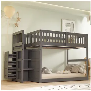 HAUSS SPOLE Etagenbett 140x200 cm, Niedriges -Etagenbett mit Staufach, hohes Zaun, grau