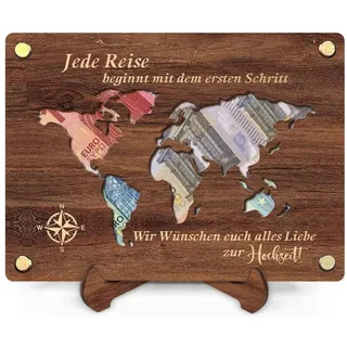 LuxusKollektion Spardose Geldgeschenk Reise Holz Ständer Reisekasse Urlaubskasse Deko Weltkarte braun