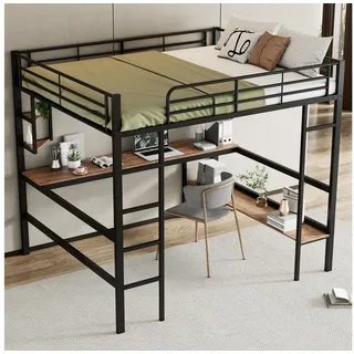 OKWISH Hochbett Hochbett aus Metall mit integriertem Schreibtisch (Regalen und Bücherregal für Kinder, Jugendliche und Erwachsene, 140x200cm) ohne Matratze schwarz