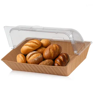 Mahlzeit Rattan Brotkorb mit Deckel | 54 x 36 x 26 cm | Rechteckig | Brotkasten mit Sichtfenster, Brotkasten Kunststoff, Buffetvitrine, Backwarentheke, Buffet Zubehör, Brötchenbox mit Rolldeckel