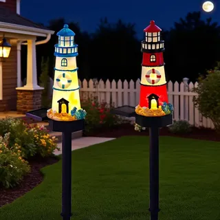 YZYOE 2 Packungen von solarbetriebenen roten und blauen Leuchtturm Bodenlampen, Garten dekoratives Harz niedliche Leuchtturm Lampen,Drahtlose Dämmerung bis Dämmerung LED-Lichter wasserdicht.