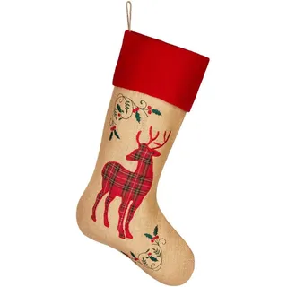 BRUBAKER Nikolausstiefel Weihnachtsstrumpf zum Befüllen und Aufhängen - 52 cm Nikolausstrumpf (Rentiere Rot Karomuster, 1 St), Weihnachtsdeko Weihnachtssocke Strümpfe für Weihnachten und Nikolaus bunt