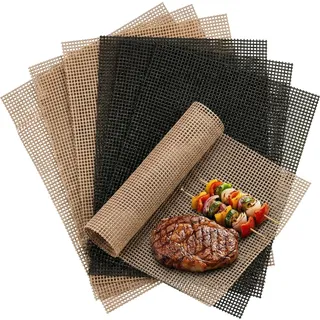 Kingrol 6 Stück 40 x 33 cm Grillmatten Gitter BBQ Rutschfest Backmatte Grillen Mesh für bis 260°C Antihaftend Hitzebeständig BBQ Mesh für Holzkohle Gasgrill Backofen, Braun & Schwarz