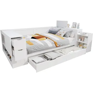 OKWISH Multifunktionales Tagesbett mit Stauraum und Schublade aus Holz in Weiß, flexibel als Sofa oder Schlafbett nutzbar 200x140 cm Weiß