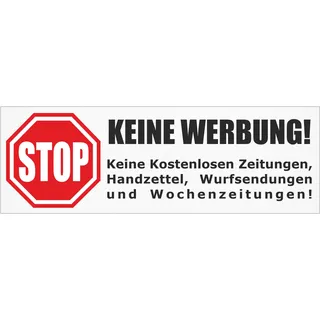 Briefkastenaufkleber - Achtung Stop Bitte keine Werbung! 1 Aufkleber weiß - 105x35mm - Keine kostenlosen Zeitungen, Handzettel, Wurfsendungen und Wochenzeitungen!