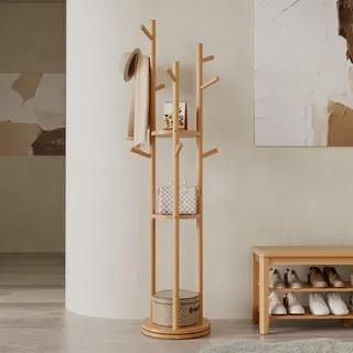 AQIMUELE Garderobenständer, Kleiderständer Massivholz, Drehbarer Jackenständer mit 3 Ablageflächen und 9 Haken, für Flur, Schlafzimmer (Naturholz)