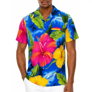 King Kameha Funky Hawaii-Hemd Herren Kurzarm Front-Tasche Stylish Tropisch Große Blumen Blätter Unisex - XXL