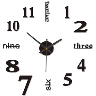 3D Klebe Wanduhr Groß 50CM, Wandtattoo Dekoration, Schwarz | Leise, Selbstklebend, DIY Mute Modern,,Dekorative Aufkleber für Wohnzimmer Küche Schlafzimmer Büro