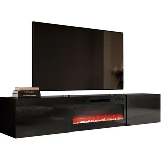 Mirjan24 TV Schrank mit Elektrischem Kamin Slide 200 Fernsehschrank TV Lowboard Griffloses Öffnen Hängeschrank Elektrischer Kamin, Heizung Realistische LED-Flamme (schwarz/schwarz Hochglanz)