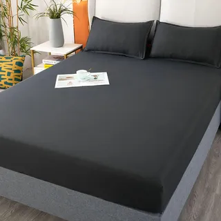 Daesar Spannleintuch 180x220 Baumwolle Schwarz mit 2 Kissenbezüge 48x74CM, Spannbettlaken Boxspringbett Einfarbig Bettwäsche Spannleintuch für Schlafsaal Hotel
