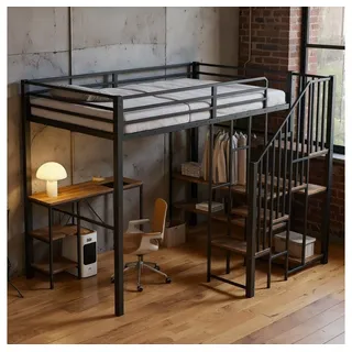 MODFU Kinderbett mit Stauraum, Tisch & Ablageregal, Offener Kleiderschrank (120x200cm, Jugendbett Funktionsbett Metallbett), ohne Matratze schwarz