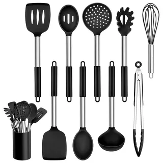 Homikit 10 Stück Silikon Küchenhelfer Set, Schwarz Küchenutensilien Set | Antihaft Kochbesteck, Hitzebeständiger Edelstahlgriff, Kochutensilien zum Kochen Grillen Servieren, Gesund, Spülmaschinenfest