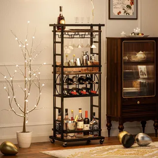MILEFA 4-stöckiger Barwagen mit Rädern, Home Bar Servierwagen, rollender Mini-Weinwagen mit Weinregal und Glashalter, Getränkewagen für Esszimmer, Wohnzimmer, Küche, Bar und Outdoor, Rustikales Braun