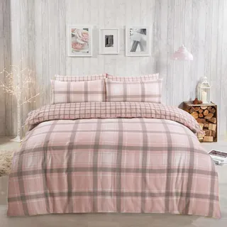 DREAMSCENE Aspen Thermo-Bettwäsche-Set, kariert, Bettbezug mit Kissenbezug, 100 Prozent gebürstete Baumwolle, Biber, Schottenkaro, Bettwäsche Sommer Rosa 135 x 200 cm