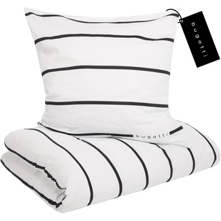 bugatti Bettwäsche 135x200 cm - Satinbettwäsche weiß/schwarz, 100% Baumwolle, 2 teilig mit Reißverschluss