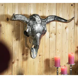 MichaelNoll Wanddekoobjekt Stierkopf Bullenschädel Geweih Wanddekoration Metall - XXL 75 cm silberfarben