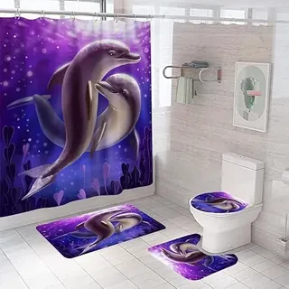 Badgarnitur 3 Teilig Badezimmerteppich Waschbar Badematte rutschfest,Wc Vorleger Mit Ausschnitt Und Badematte, Badvorleger Toilette Teppich 45X75Cm Delphin