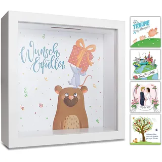 GLÜCKSWOLKE - Spardose Kinder I Motiv Wunscherfüller I Geldgeschenke Verpackung für Geburtstag I Geld Geschenk Geburt Baby I Sparschwein groß I 3D Bilderrahmen Sparkasse I Sparbüchse Mädchen Junge