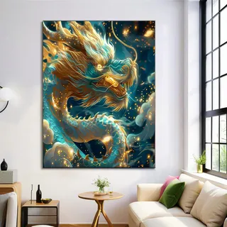 ALTCIRNMD Glückswolken Chinesischer Drache Gemälde 50x70cm Leinwand Bild Format Fantasietiere Wandbilder Wohnzimmer Bilder Wohnung Rahmenlos Dekoration Kunstdrucke Blaugold