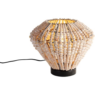 QAZQA - Orientalisch Orientalische Tischlampe beige mit Perlen - Moti I Wohnzimmer I Schlafzimmer - Holz Rund - LED geeignet E27
