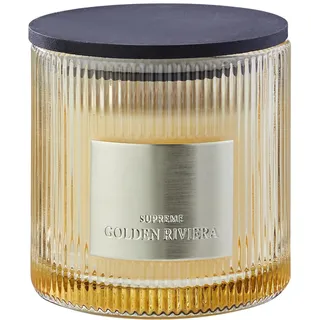 BUTLERS Duftkerze Glas - SUPREME - Brenndauer 34h | Duftrichtung Weiße Blüten & Ozean - ø10 x H11 cm - Aromakerze für Raumbeduftung - Wellnesskerze mit Holzdeckel