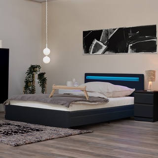 Home Deluxe LED Bett NUBE mit Schubladen und Matratze - Farbe: dunkelgrau, Größe: 140 x 200 cm, Ausführung: mit Matratze