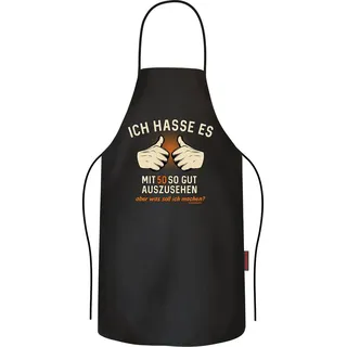 RAHMENLOS® Grillschürze BBQ-Grillschürze zum 50. Geburtstag, 100% Baumwolle, 70 cm Länge, Humorvolles Design, ideal als Geschenk schwarz