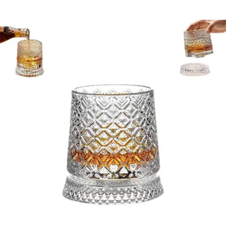 360 Degree Rotating Whisky Gläser, 260ml Drehbare Whiskey Gläser mit Untersetzer, Kristall Whiskeygläser Rum Glas für Bars/Familienfeiern/Geburtstagsfeiern, Personalisiert Männer Geschenke (A*1)