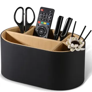 KINGFOM Schreibtisch Organizer aus Leder, Stiftehalter mit 5 Fächern, Ovaler Büro Organizer für Stifte, Fernbedienung & Zubehör, Schwarz, für Büro & Home Office (Schwarz)